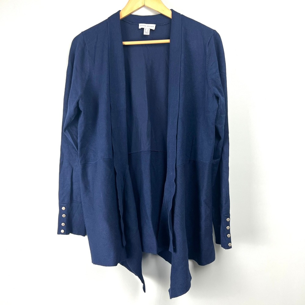 Susan Graver Navy Blue Open Front Cardigan Sweater Women's L Capsule Office‎